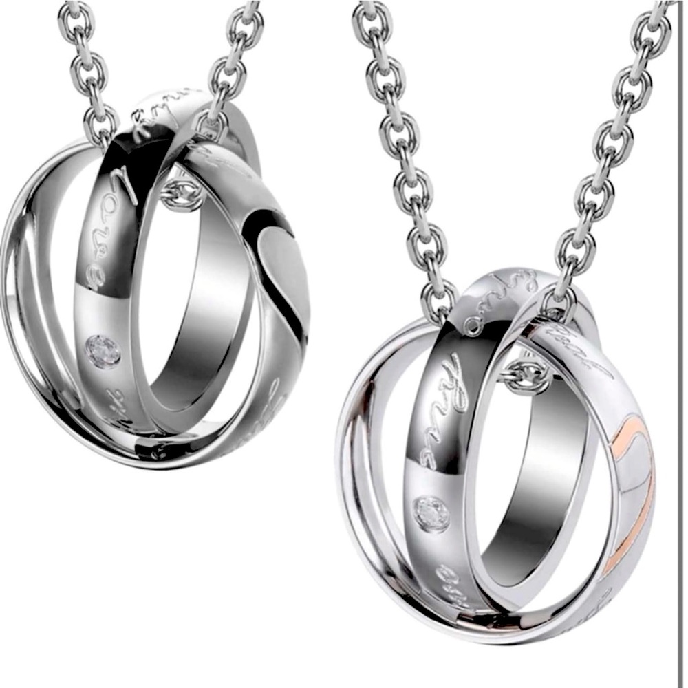 His & Hers Couples Engraved Double Ring Pendant Necklace